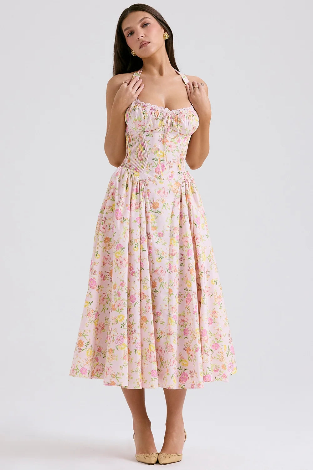 pink meadow print cotton halter midi sundress
