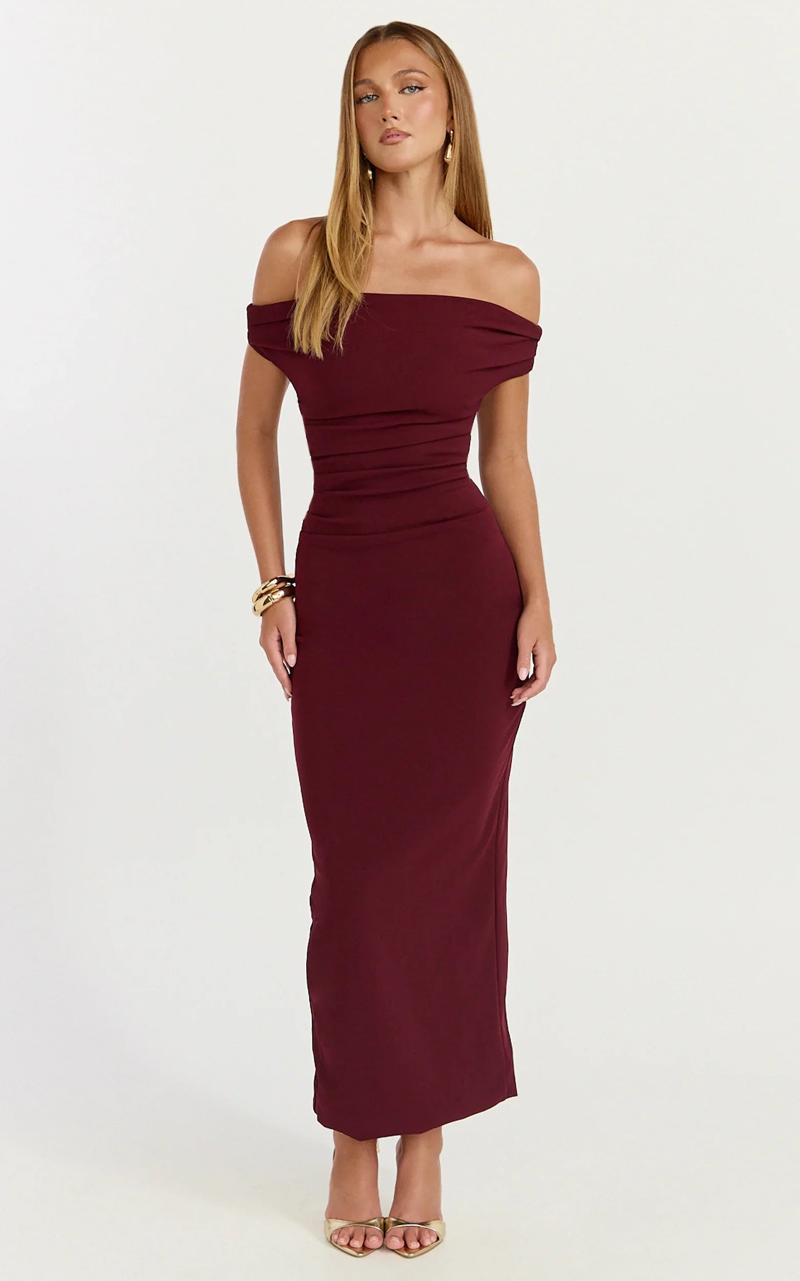 Lena Midi Dress Off Shoulder Ruched Bodycon Dress in Wine