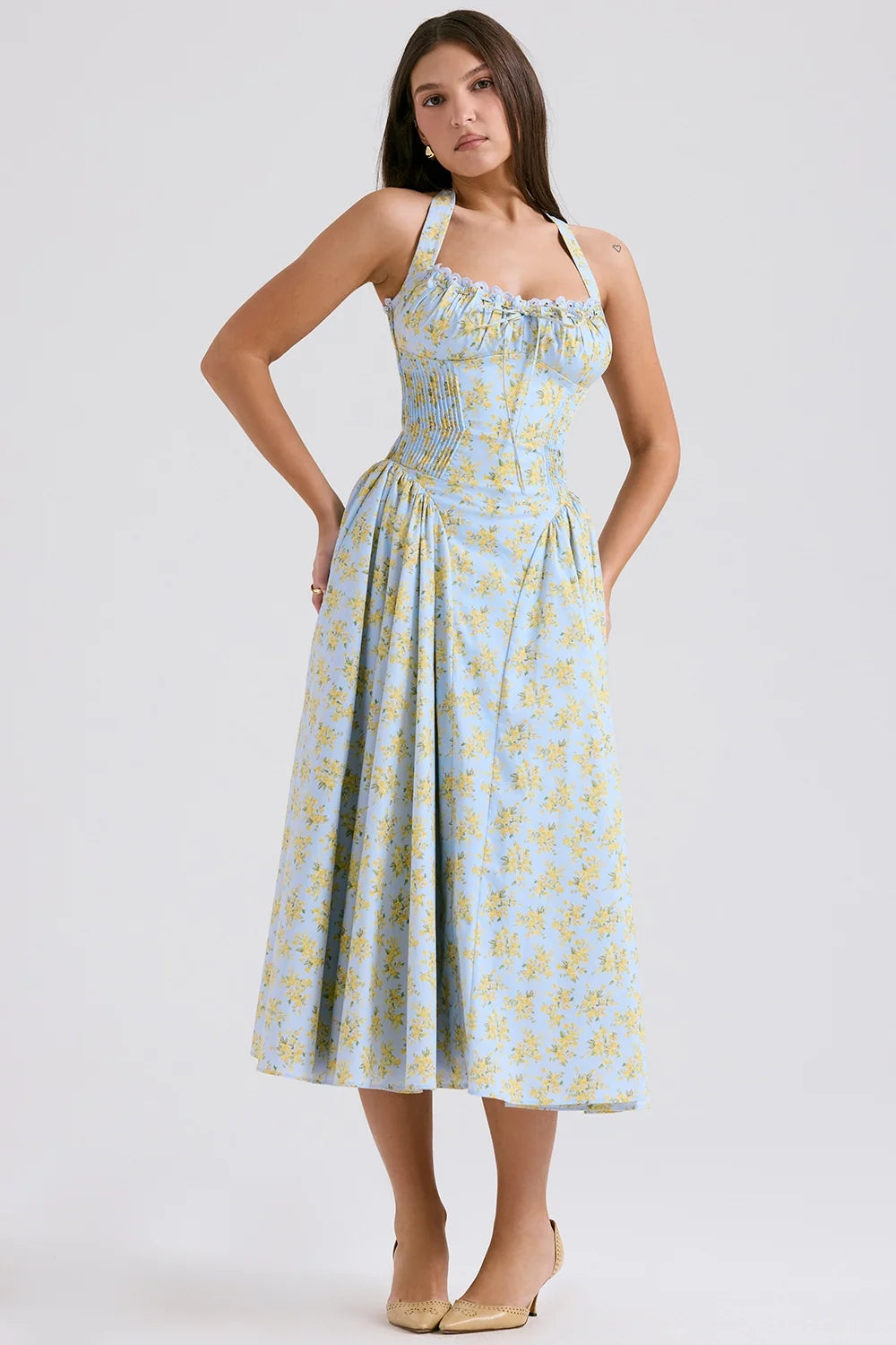soft blue vintage floral print cotton halter sundress