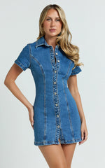 Laine Mini Dress Button Down Denim Shirt Dress in Mid Blue Wash