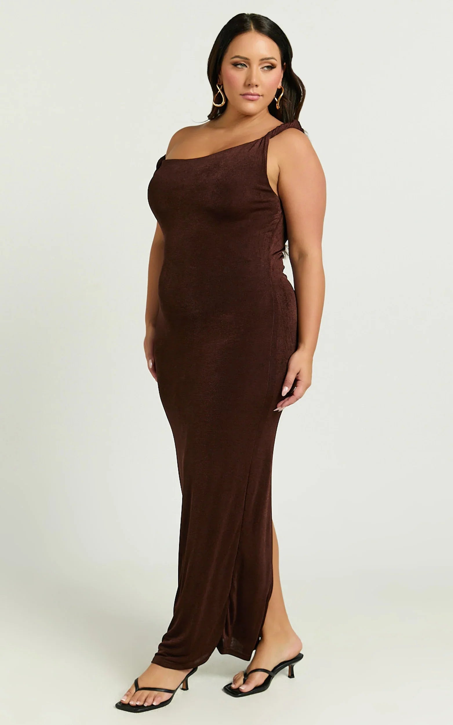 Isabel Midi Dress Twist Off Shoulder Bodycon Dress in Chocolate