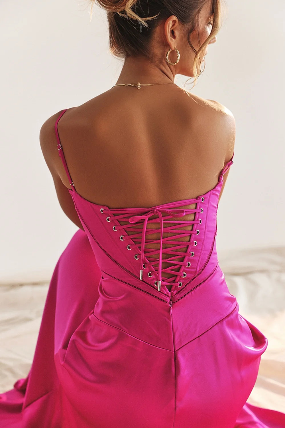 fuchsia lace up maxi dress