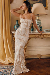 white gold jacquard satin gown