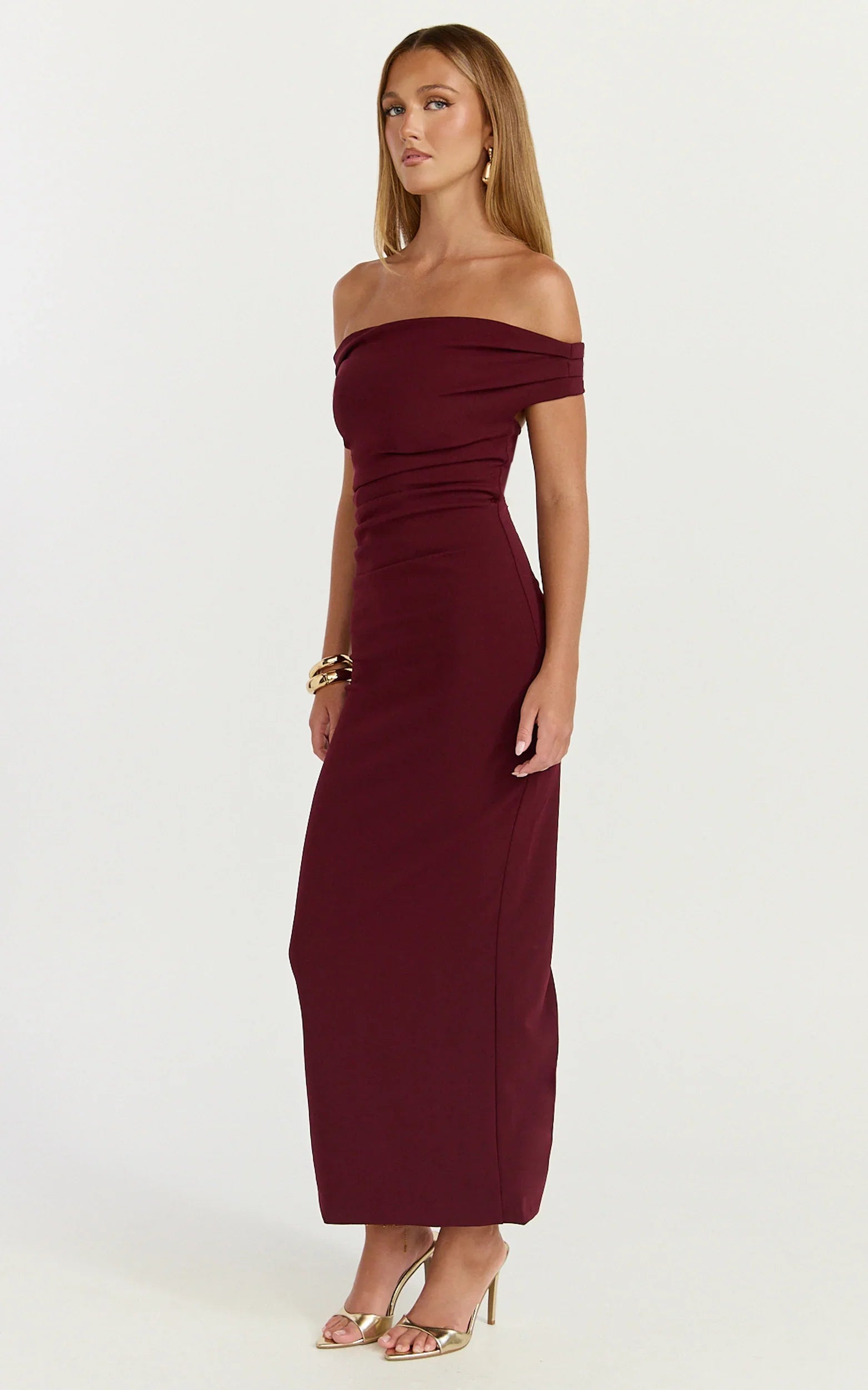 Lena Midi Dress Off Shoulder Ruched Bodycon Dress in Wine