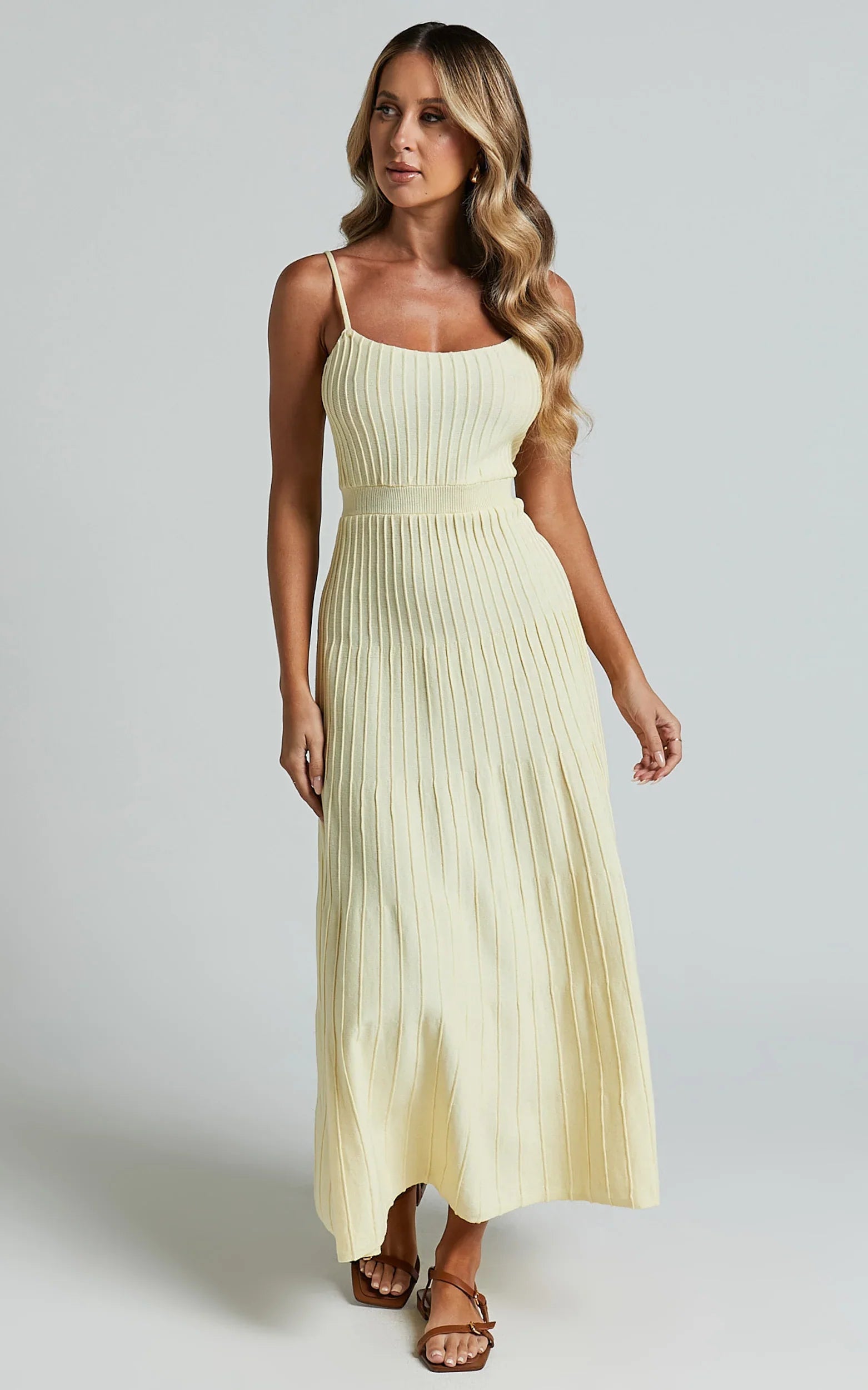 Donissa Midi Dress Panelled Knit Dress in Butter Yellow