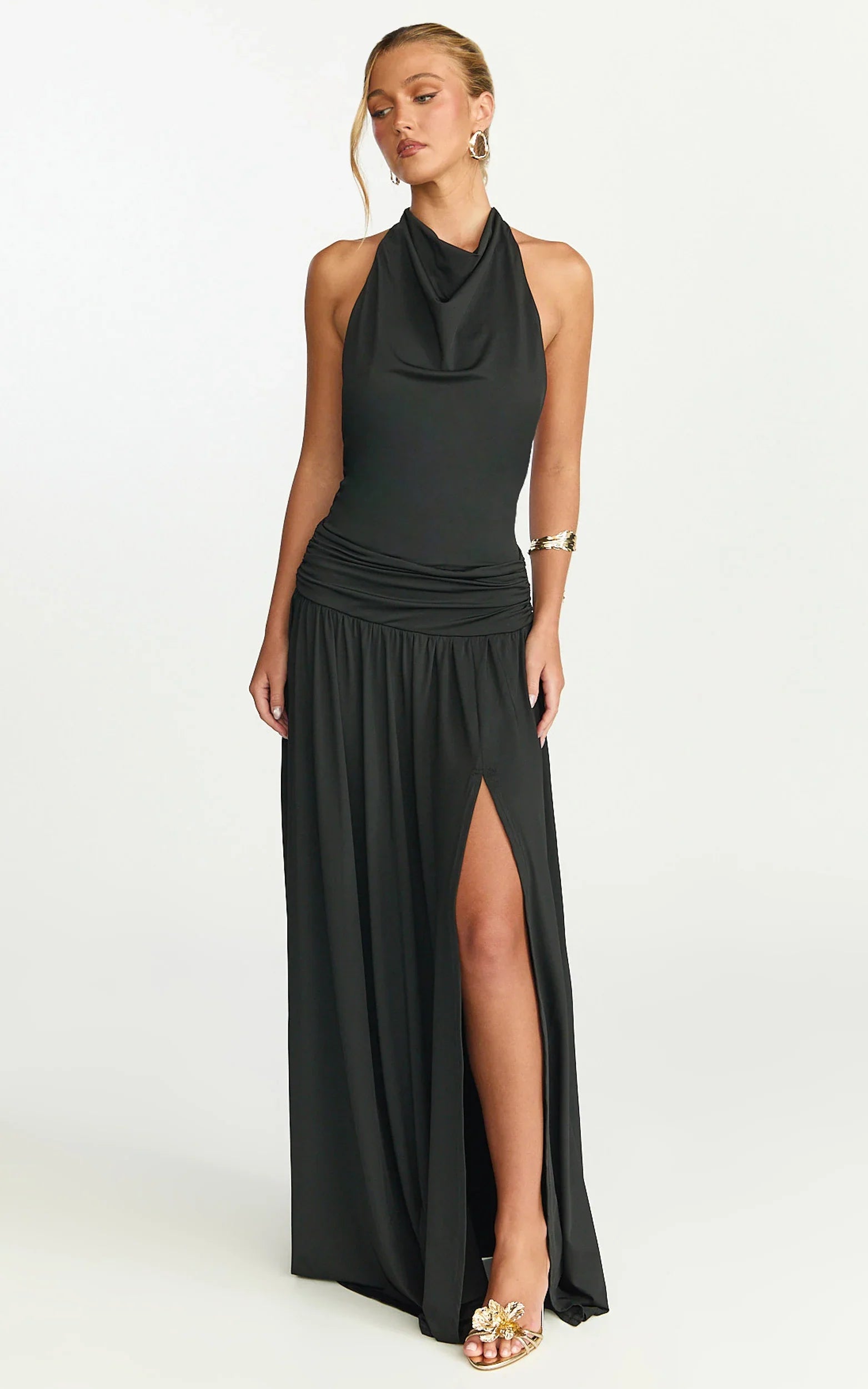 Sophia Maxi Dress Backless High Cowl Neck Jersey Dress in Black