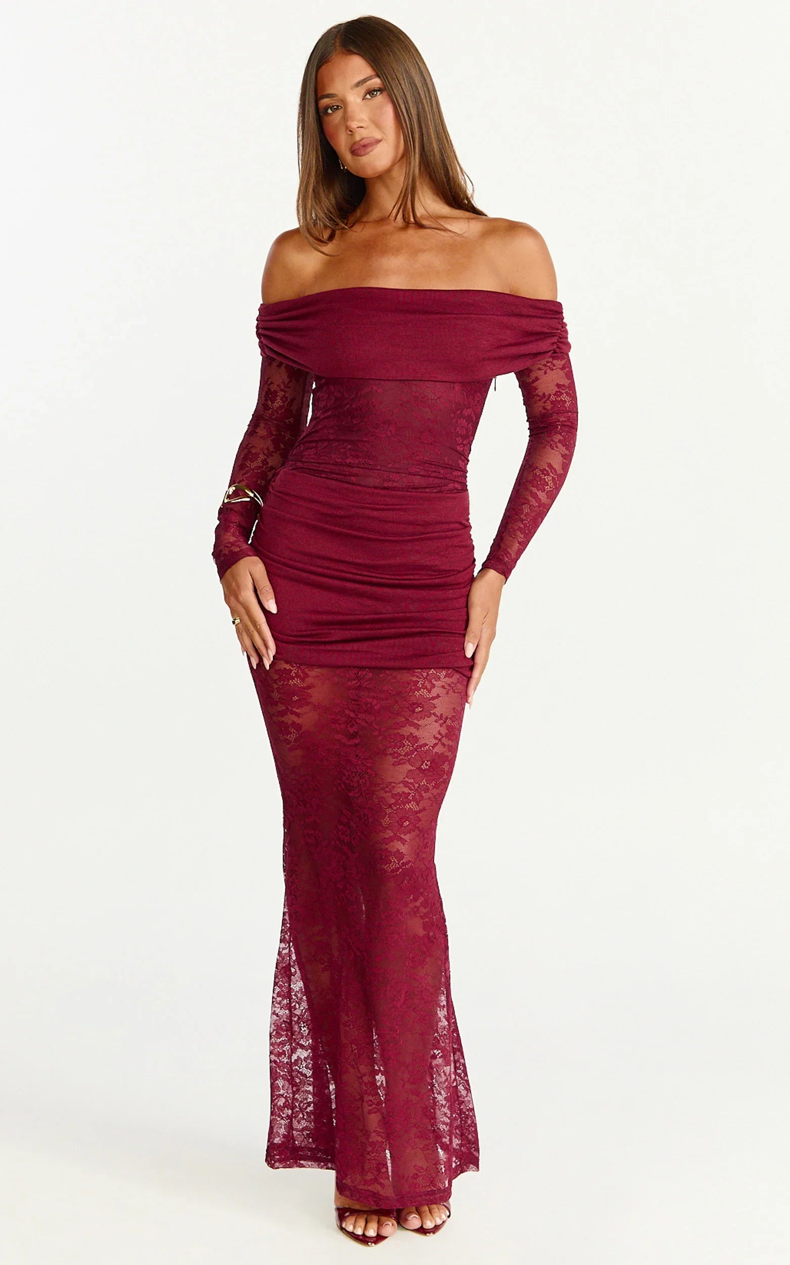 Juliet Maxi Dress Off Shoulder Long Sleeve Ruched Overlay Lace Dress in Wine