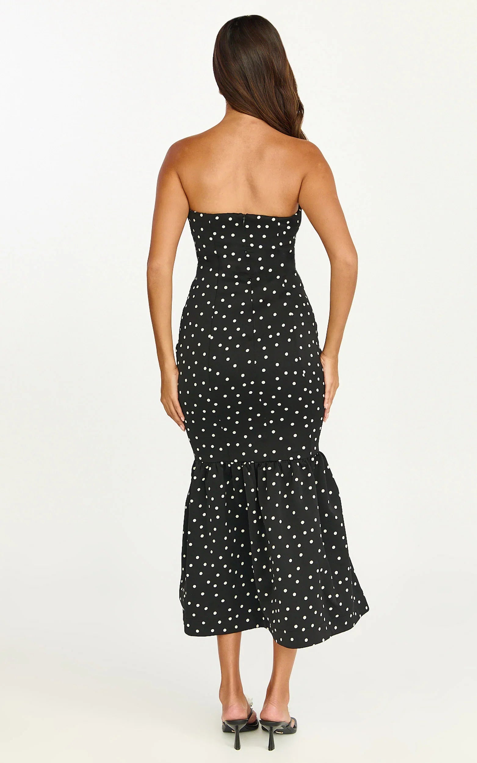 Seraphina Midi Dress Polka Dot Strapless Lace Neck Gathered Mermaid Skirt Dress in Black Polka Dot