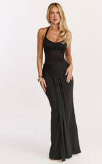 Melville Maxi Dress Lace Bodice Draped Front Halter Dress in Black