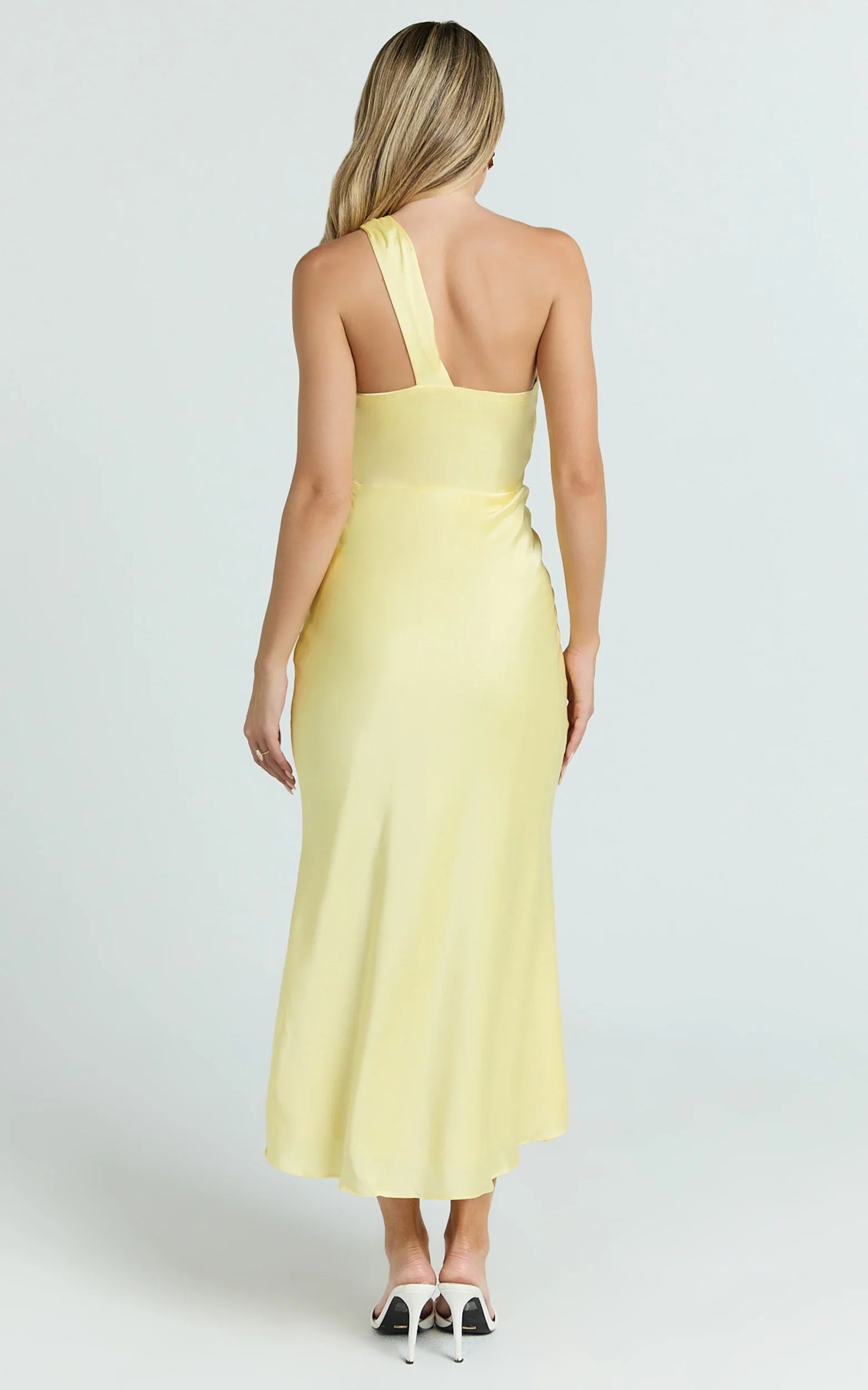 Carmella Midi Dress One Shoulder Twist Detail Dress in Butter Yellow