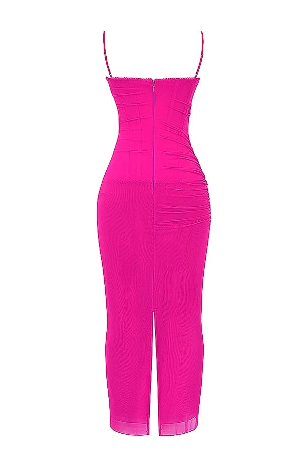 fuchsia stretch mesh maxi dress