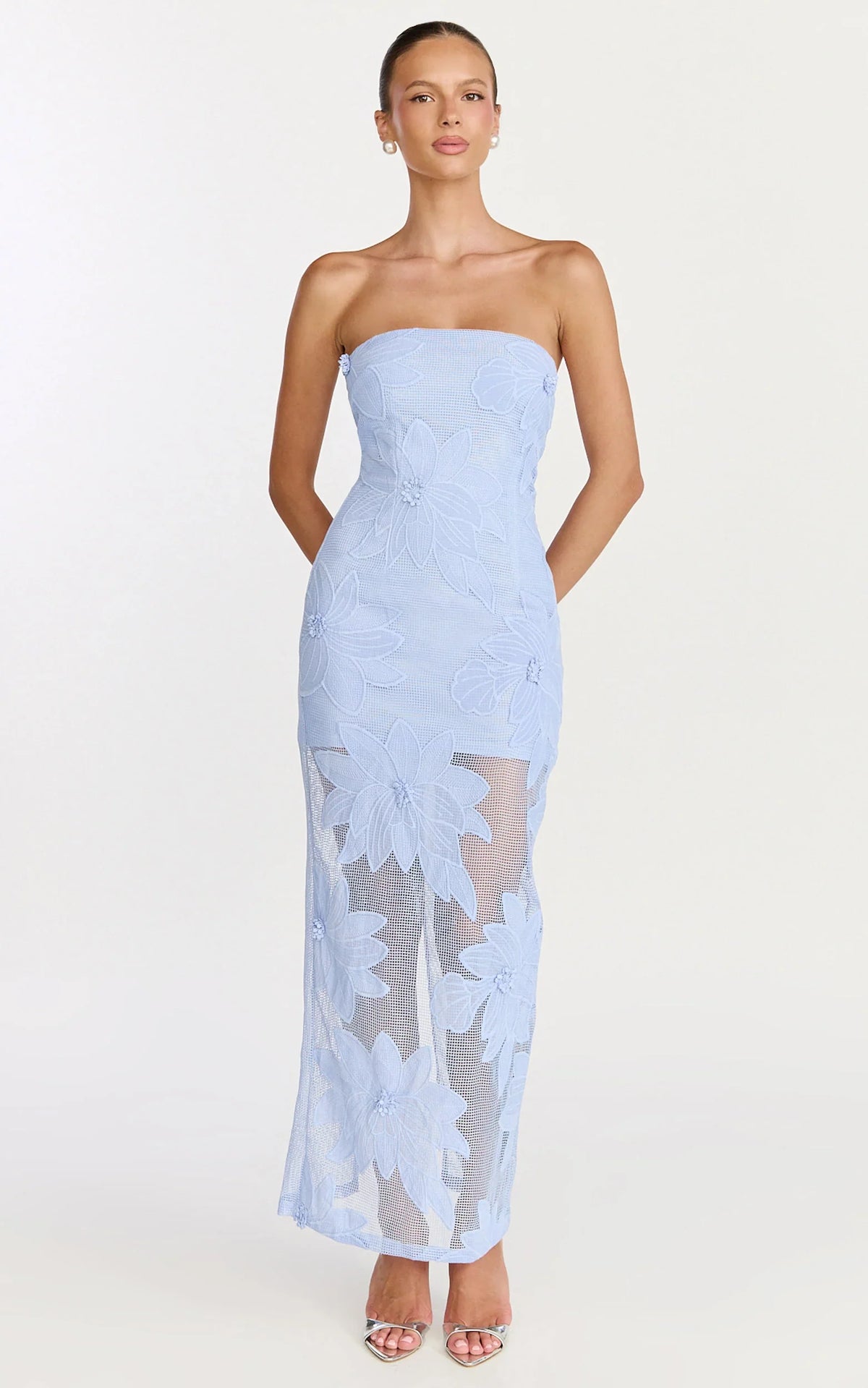 Sienna Midi Dress Strapless Floral Embroidered Bodycon Dress in Blue