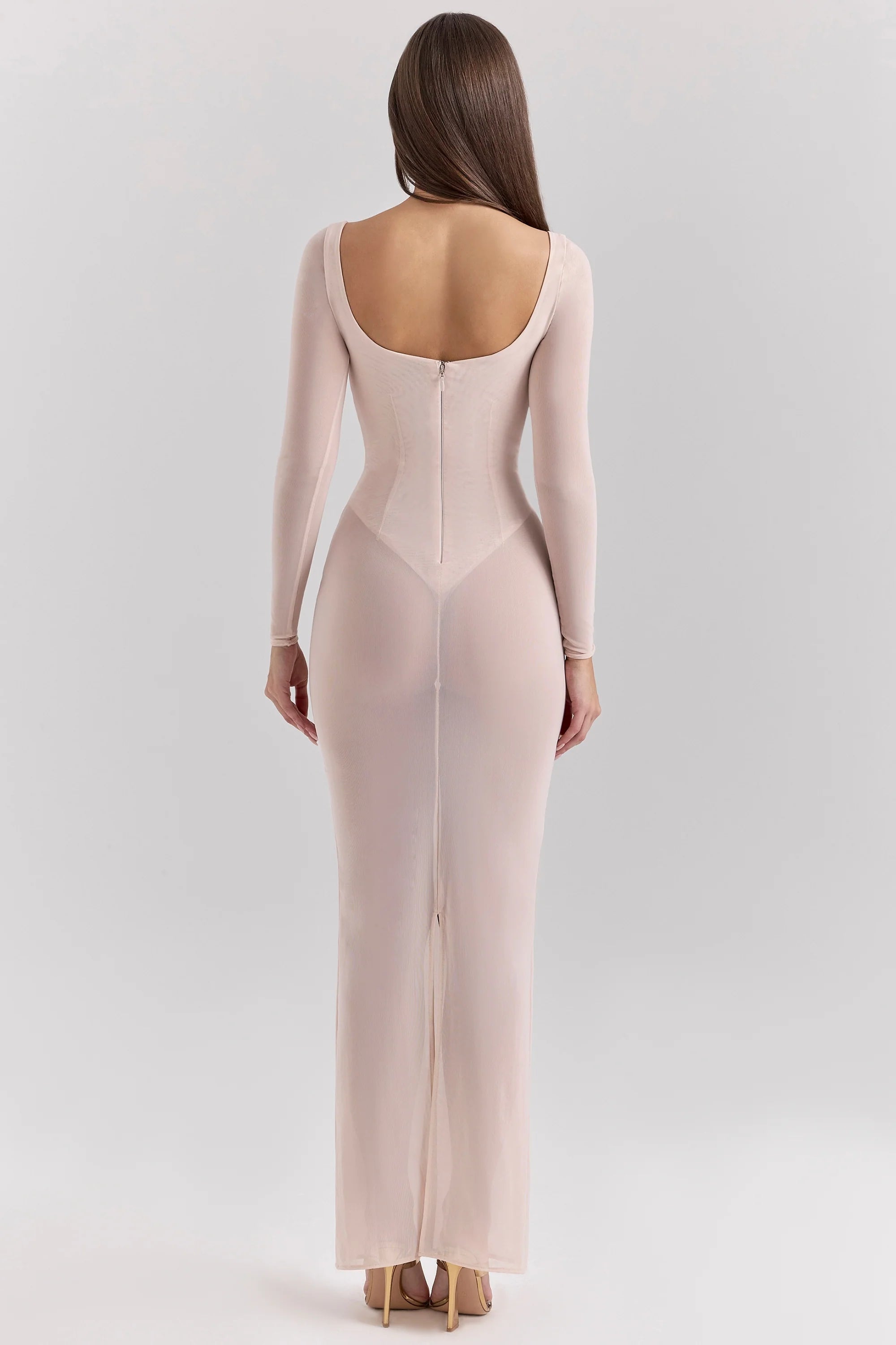 blush mesh maxi dress with bodysuit