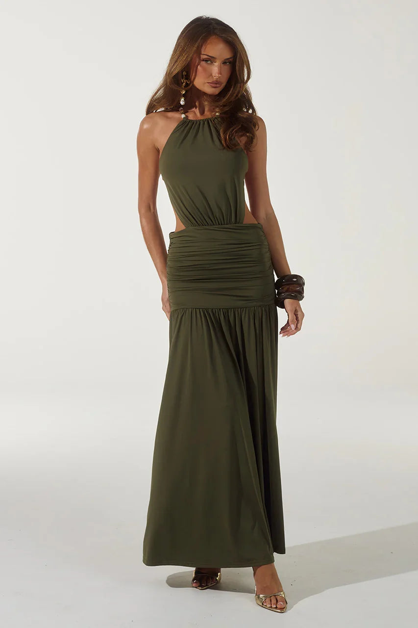 IMELDA HIGH NECK MAXI DRESS OLIVE