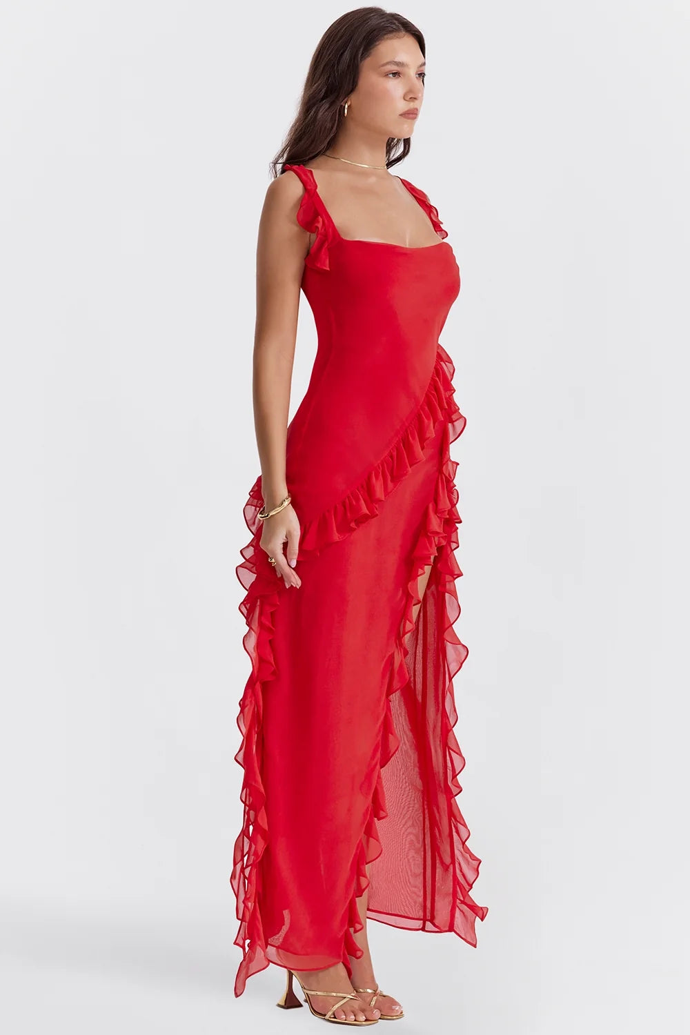 cherry ruffle maxi dress
