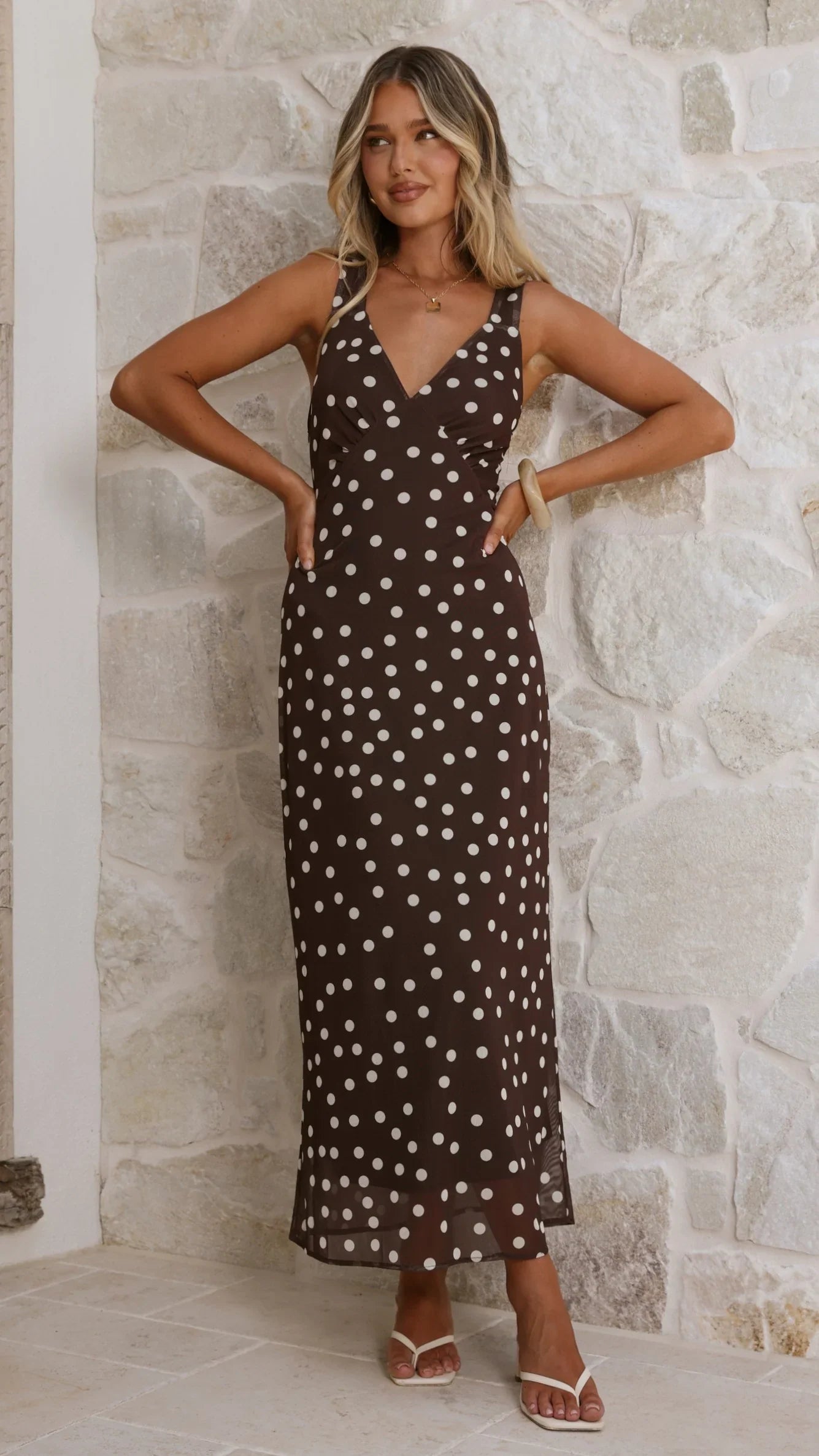 Cassara Maxi Dress Chocolate White Polka Dot