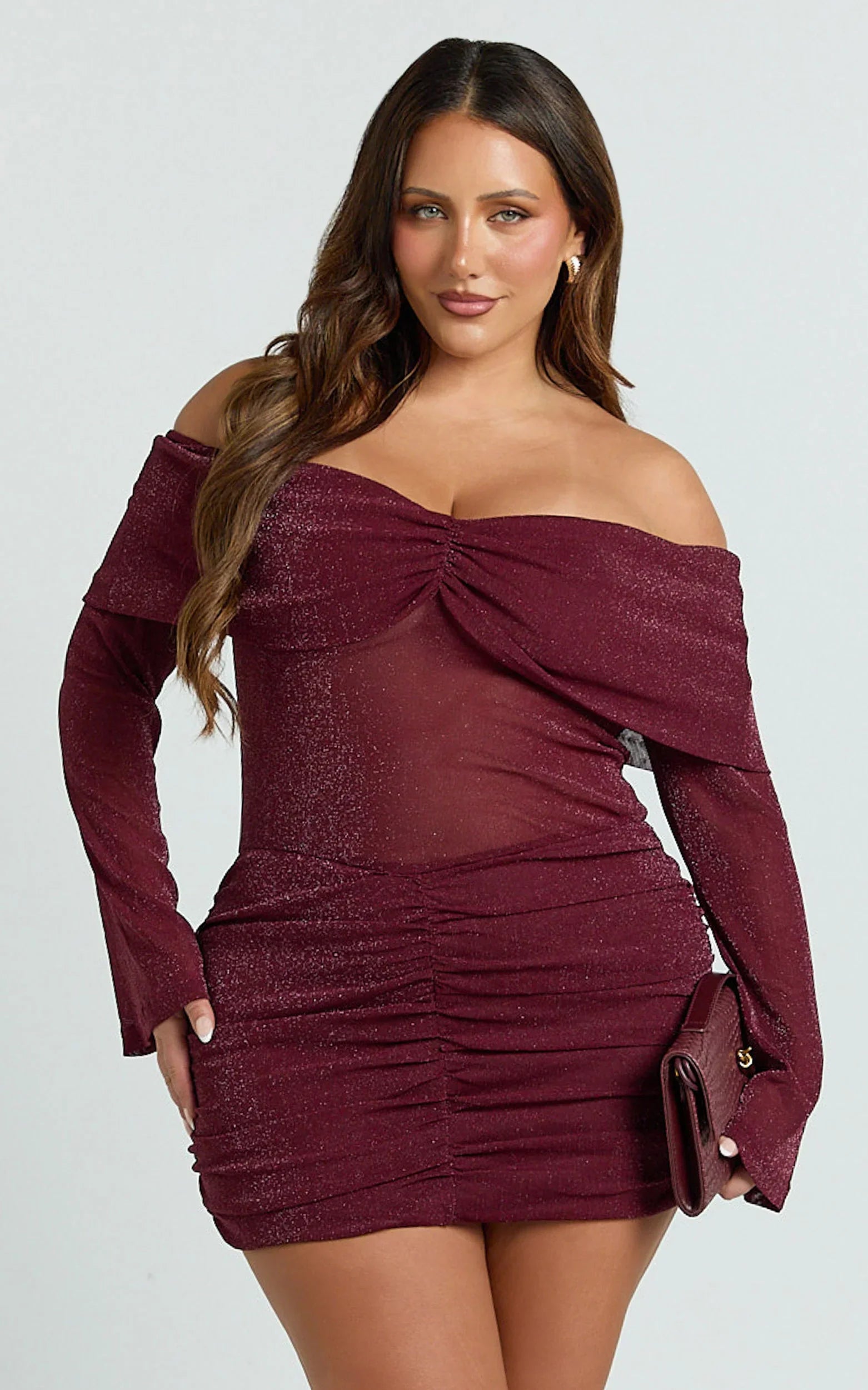 Rumi Mini Dress Glitter Tulle Off Shoulder Ruched Dress in Wine