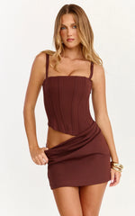 Jonas Mini Dress Corset Bodice Draped Waist Skirt Dress in Chocolate