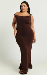 Isabel Midi Dress Twist Off Shoulder Bodycon Dress in Chocolate