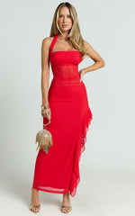 Almarie Midi Dress Halter Neck Mesh Dress in Red