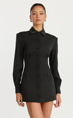 Thelma Mini Dress Button Front Pleat Waist Tulip Skirt Shirtdress in Black