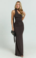 Larson Maxi Dress Asymmetric Tie Neck Column Dress in Chocolate