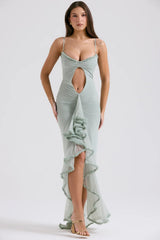 pistachio ruffled front gown