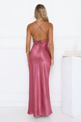 Satin Lace Twist Front Crisscross Maxi Dress Berry