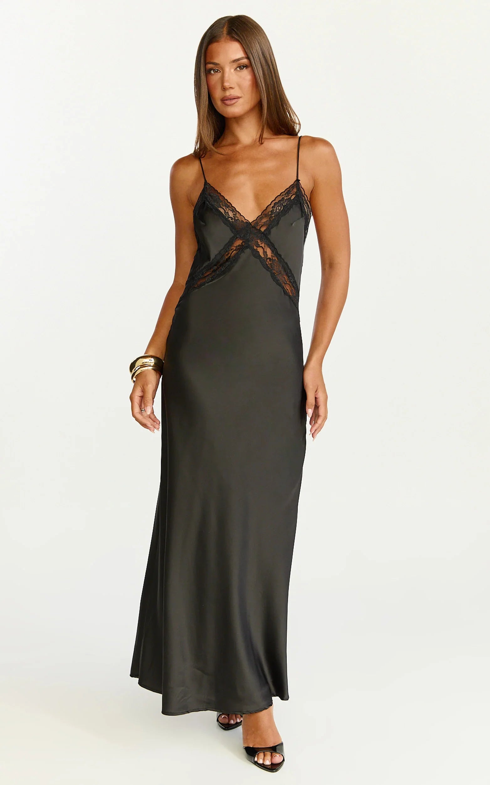 Christy Midi Dress V Neck Lace Detail Slip Dress in Black