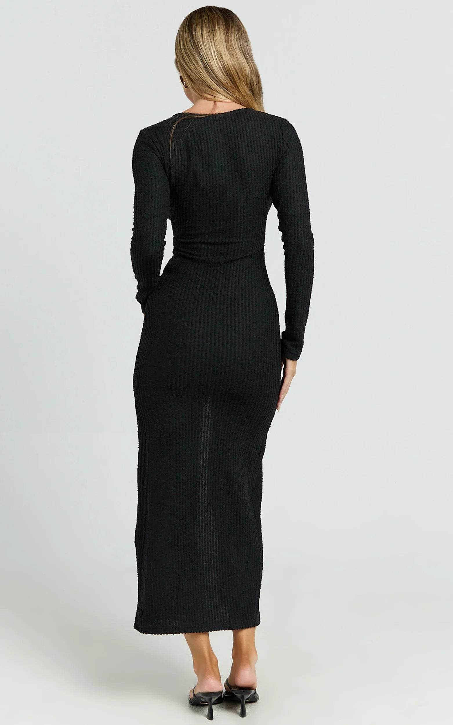 Zayla Midi Dress Long Sleeve Button Front Bodycon Dress in Black