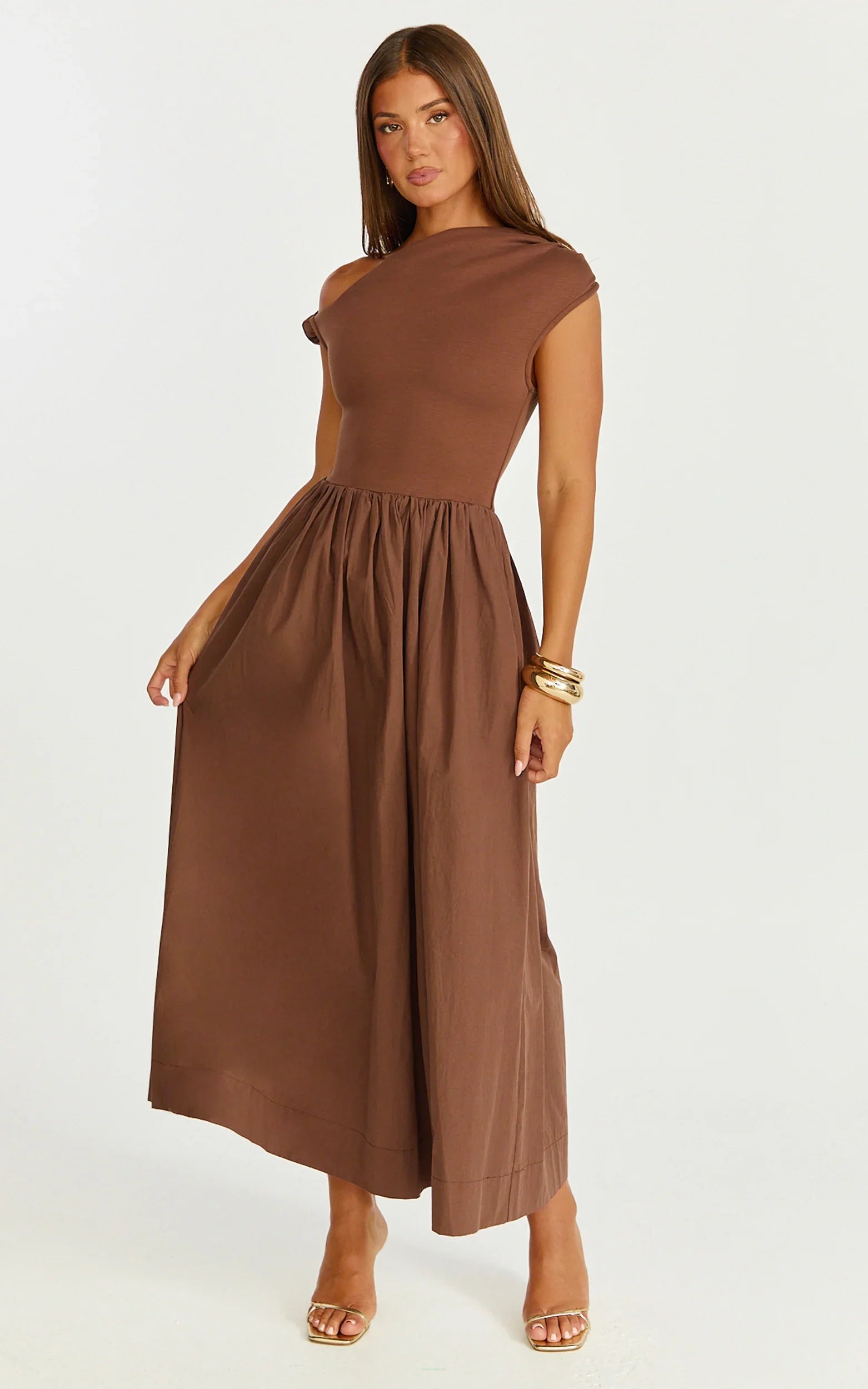Jhamie Midi Dress One Shoulder Contrast Skirt Dress in Chocolate