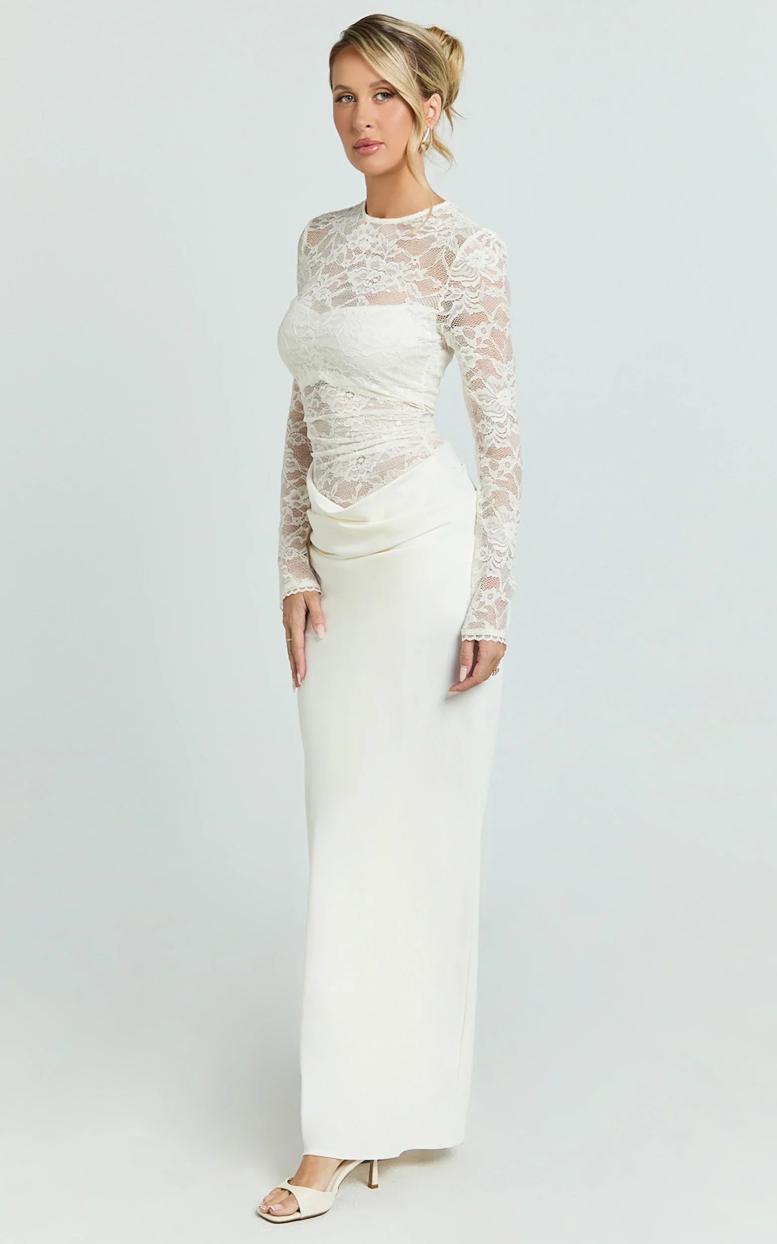 Crisanta Maxi Dress Long Sleeve Contrast Lace Bodycon Dress in Ivory