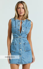 Stephanie Mini Dress Scoop Neck Pocket Detail Recycled Denim Dress in Light Blue Wash