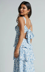 Lorma Midi Dress Ruched Layered Dress in Blue Floral