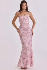 pink hand beaded embellished corset maxi dress limited edition