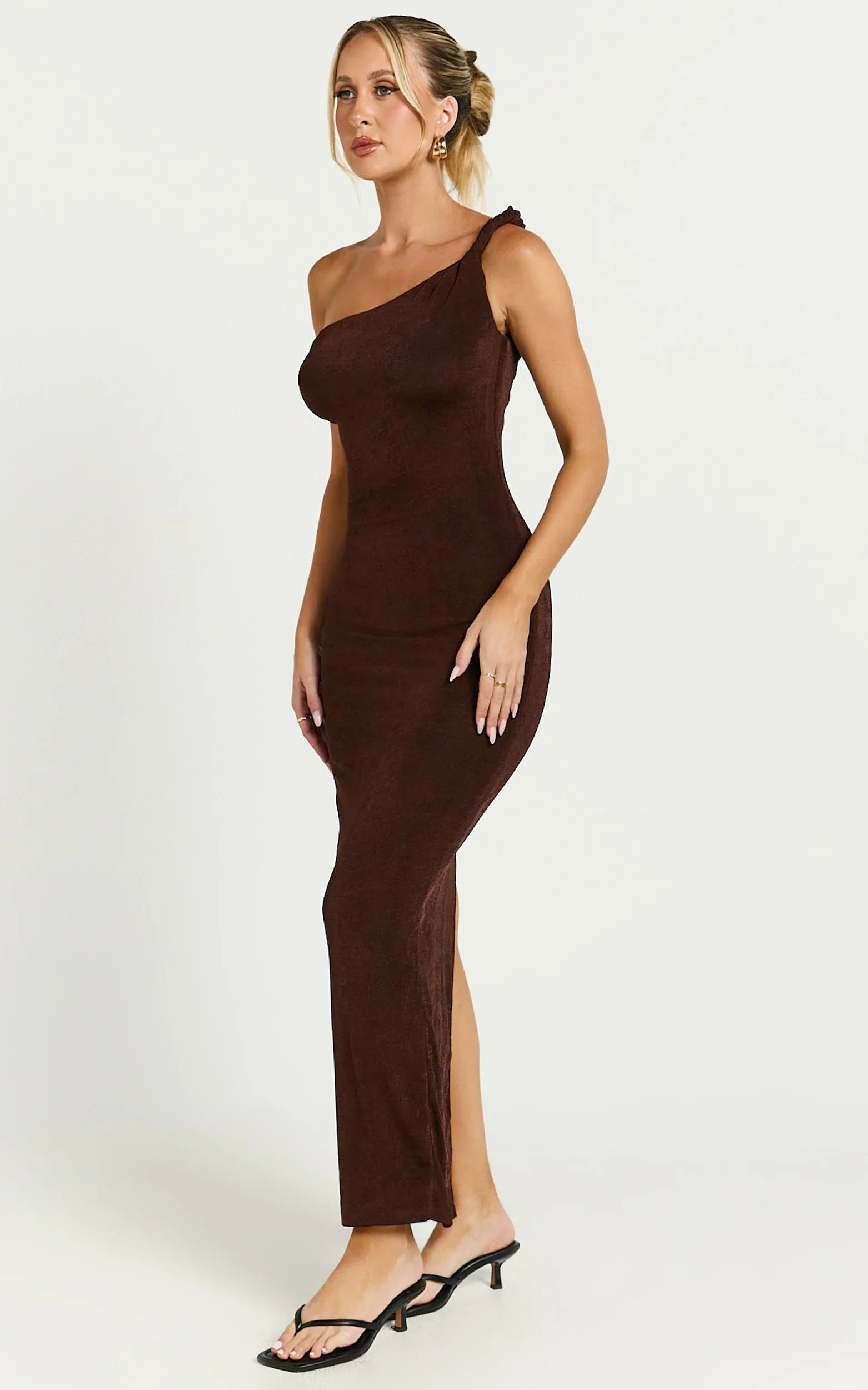 Isabel Midi Dress Twist Off Shoulder Bodycon Dress in Chocolate