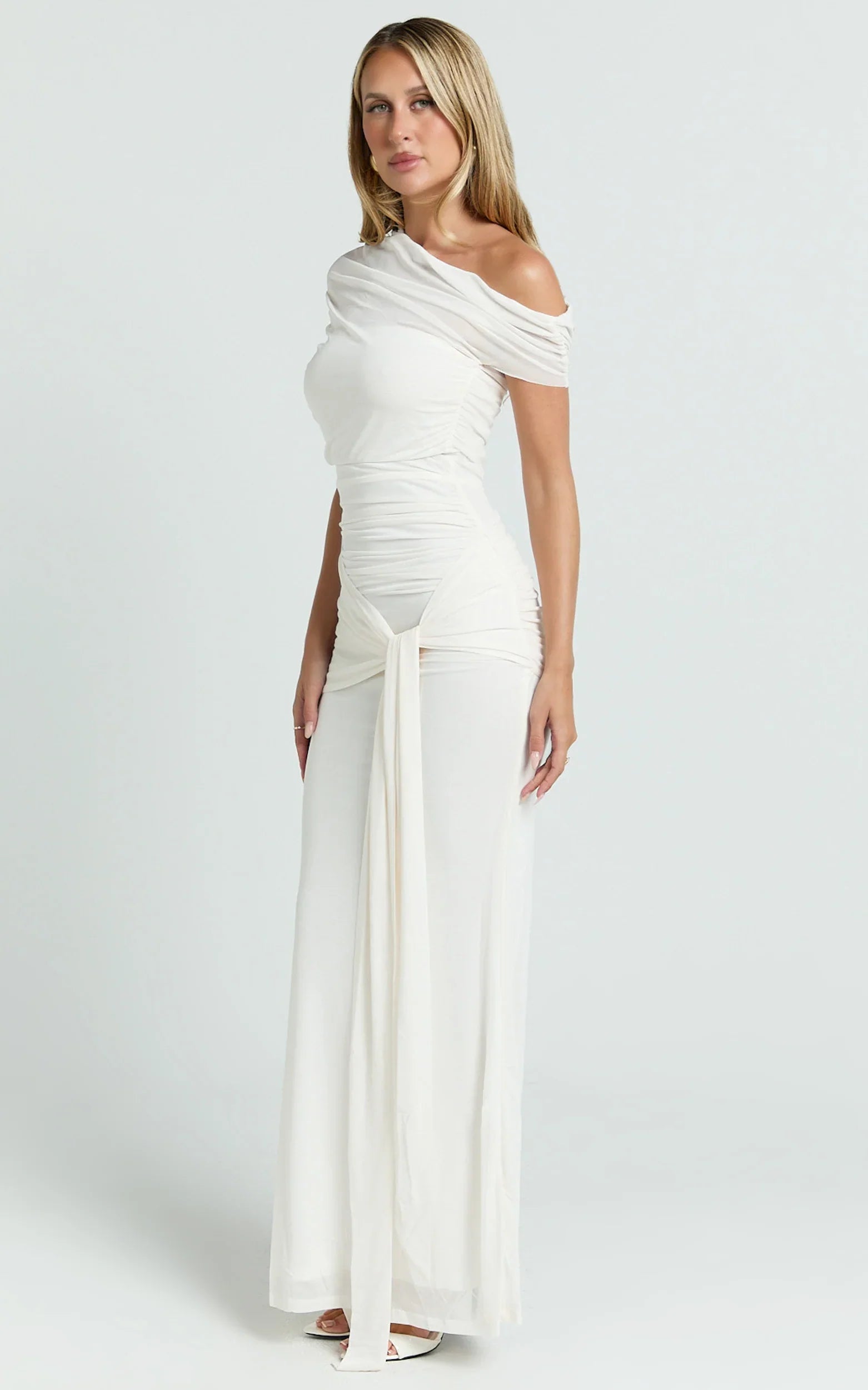 Nicolette Maxi Dress Cape Sleeve Off Shoulder Dress in Cream