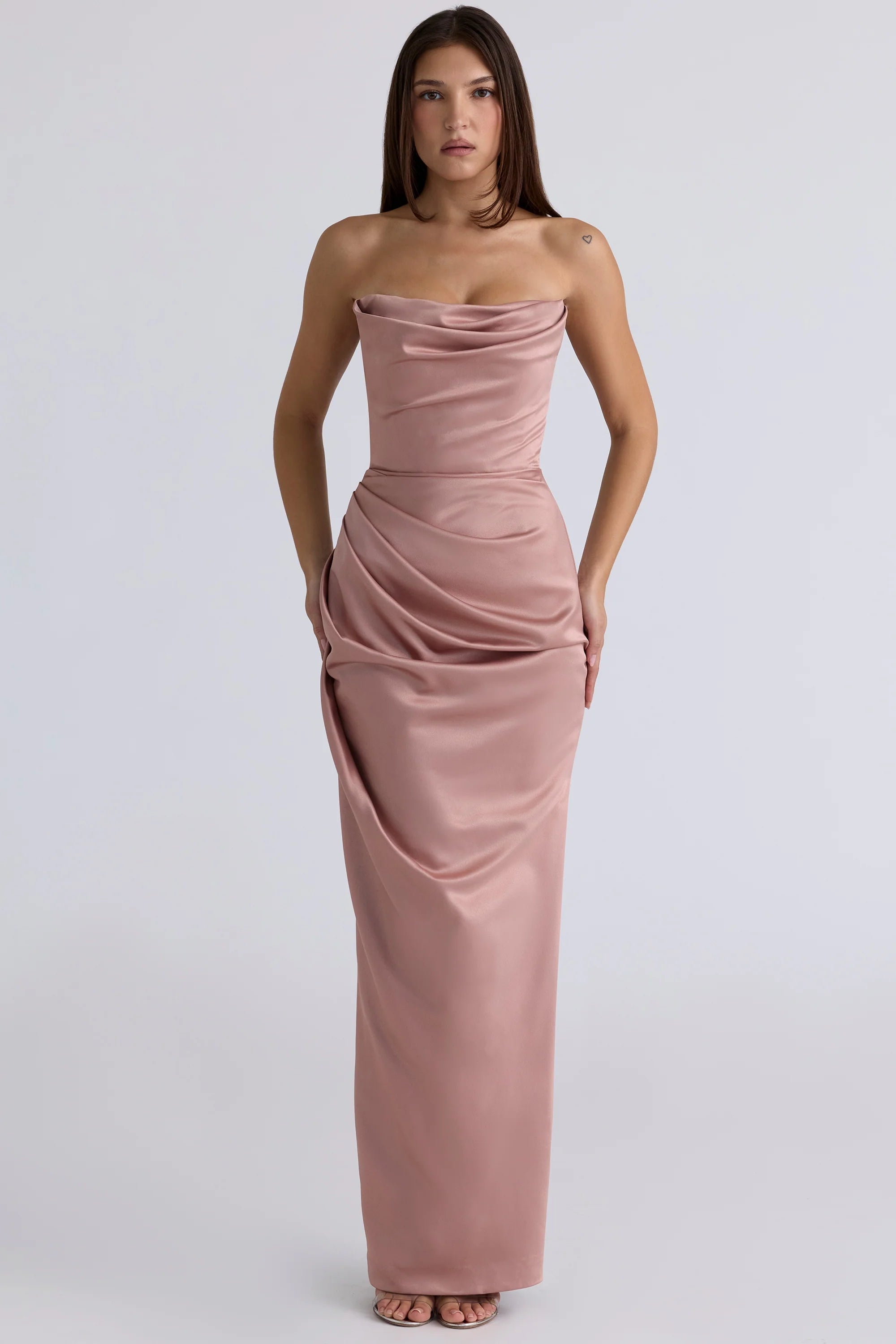 blush satin strapless gown