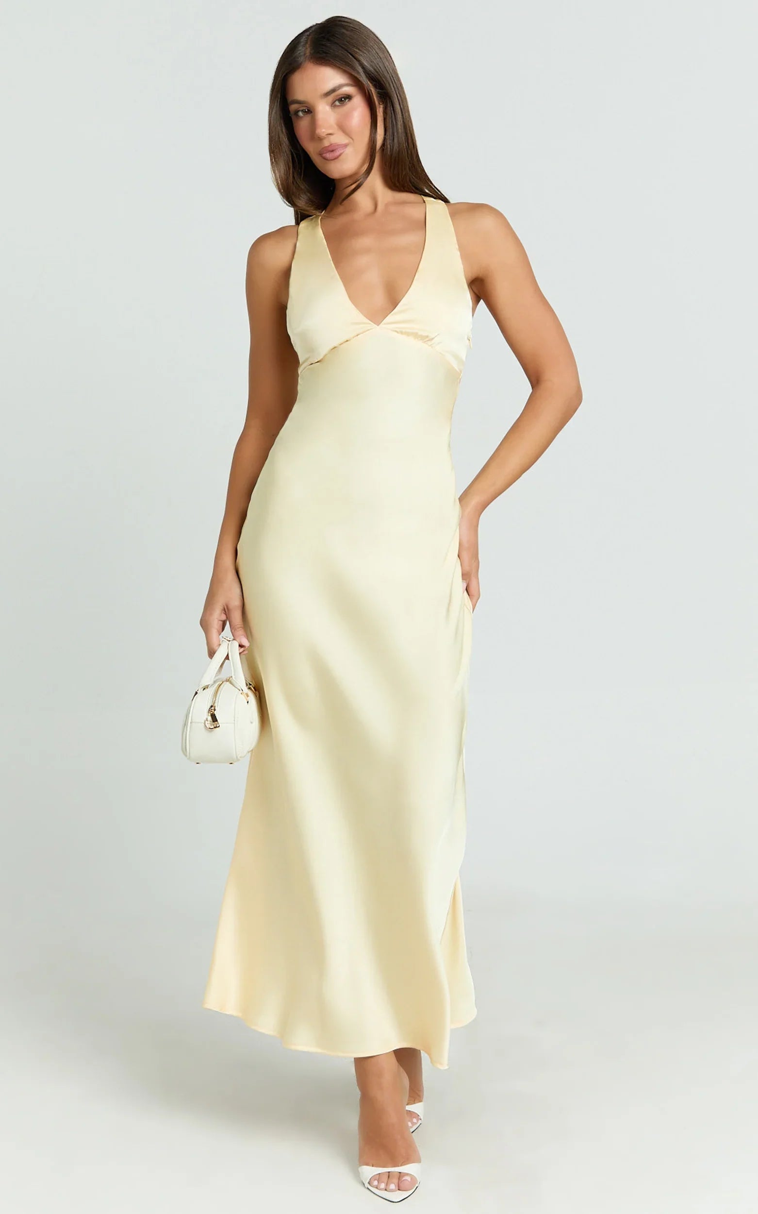 Khalani Midi Dress Deep V Neck Satin Slip Dress in Butter Yellow