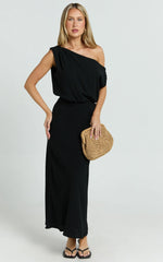 Jacqueline Midi Dress Linen One Shoulder Dress in Black