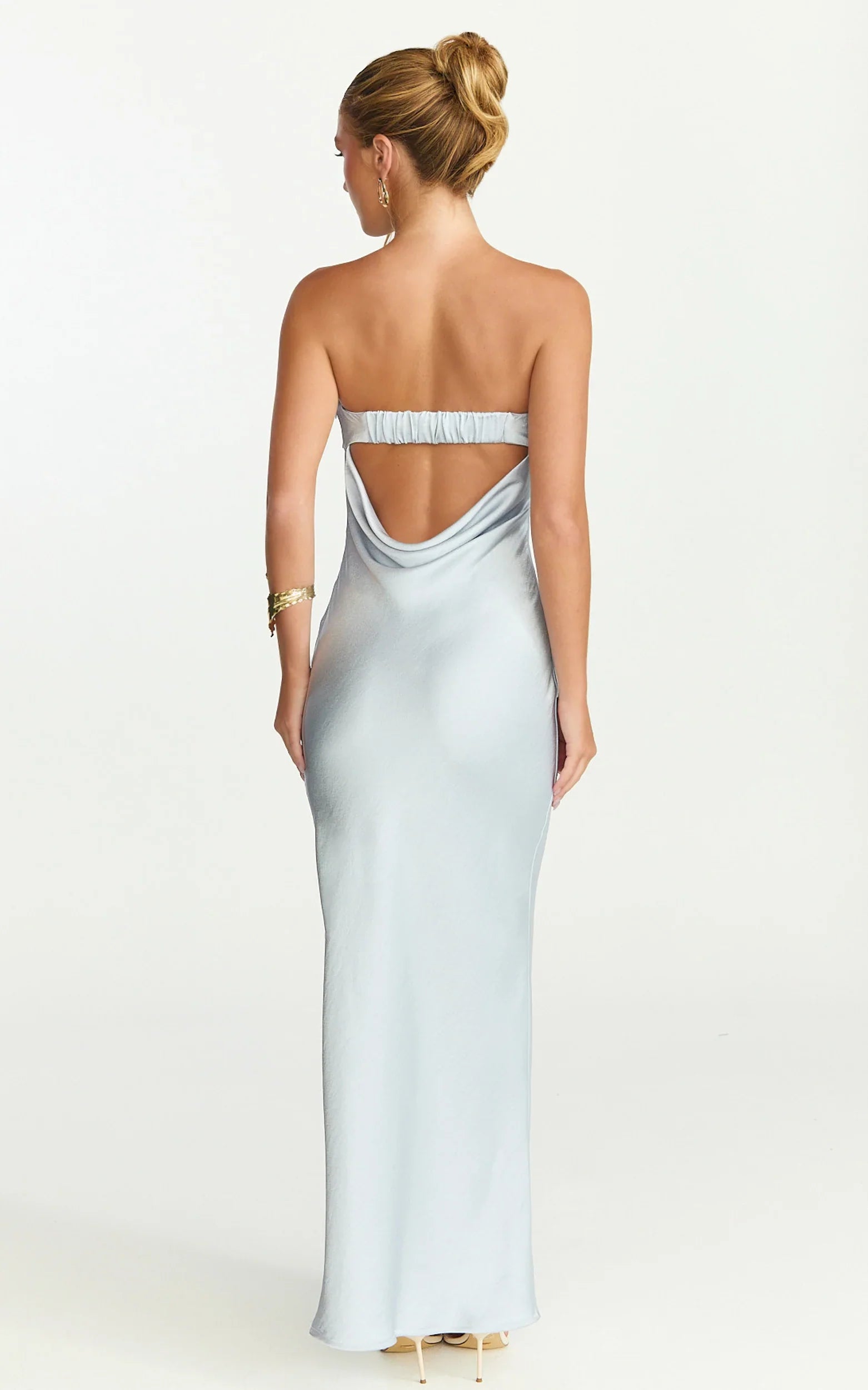 Zaya Midi Dress Strapless Satin Slip Dress in Pale Blue