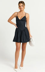 Betchie Mini Dress Neck Strappy Drop Waist Gathered Skirt Denim Dress in Dark Raw Denim