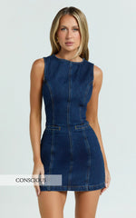 Olenna Mini Dress High Neck Fitted Denim Dress in Indigo Wash