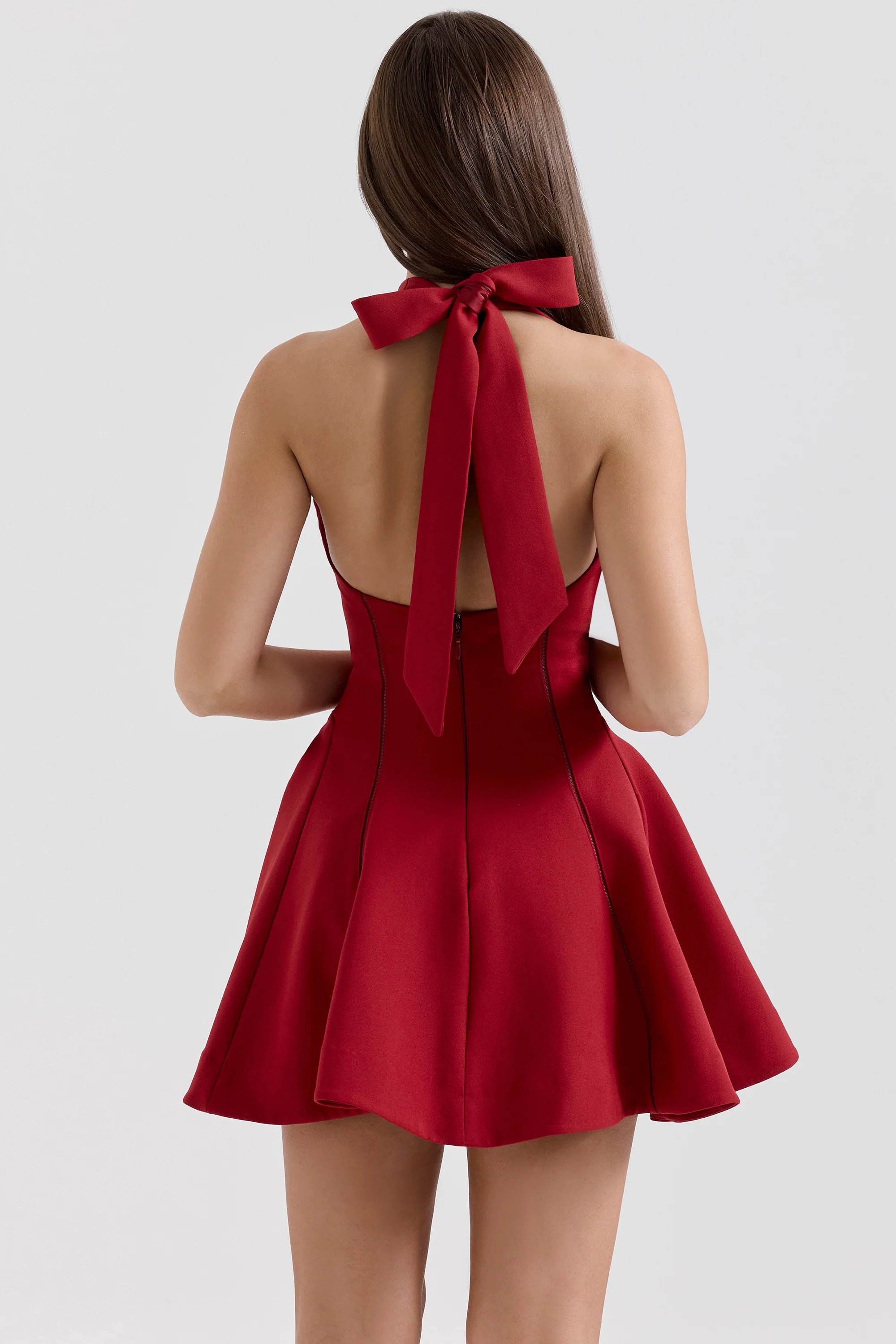 red halter neck bow mini dress