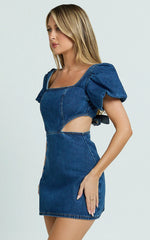 Freya Mini Dress Denim Cut Out Puff Sleeve Mini Dress in Mid Blue Wash