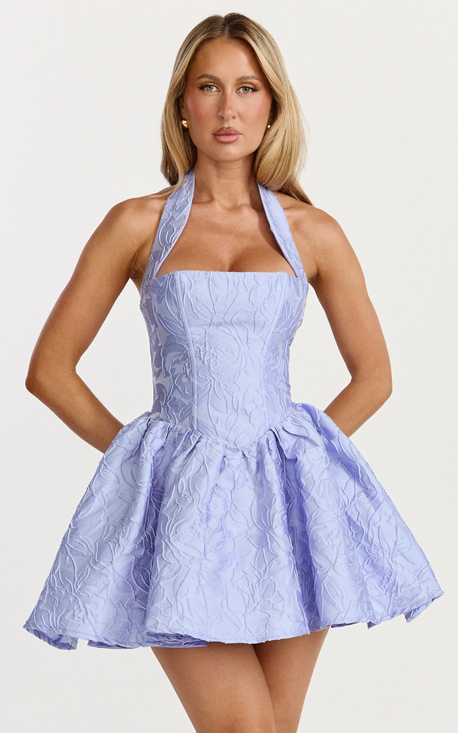 Maddy Mini Dress Square Neck Halter Fit And Flare Dress in Blue