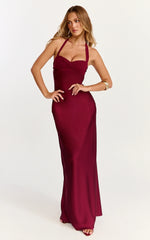 Flynn Maxi Dress Satin Halter Sweetheart Neck Dress in Wine