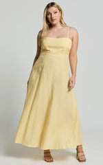 Brette Midi Dress Linen Straight Neck Strappy Fit And Flare Dress in Lemon