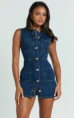 Stephanie Mini Dress Scoop Neck Pocket Detail Recycled Denim Dress in Indigo Wash