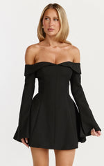 Collette Mini Dress Off Shoulder Long Sleeve Godet Flare Dress in Black